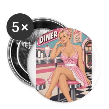 Rockabilly Pinup Girl blond im 50er Jahre Diner - Buttons groß 56 mm (5er Pack) - Weiß - Vorne