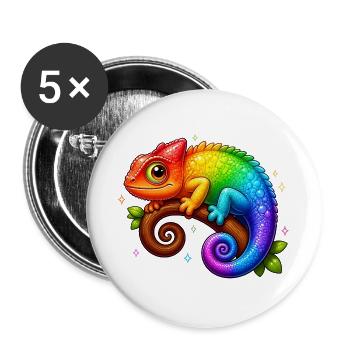 Kawaii Chamäleon Regenbogen Bunt T-Shirt - Buttons groß 56 mm (5er Pack) - Weiß - Vorne