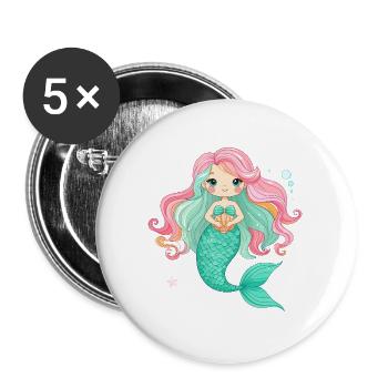 Kawaii Meerjungfrau Rosa Haare Süßes Kinder Shirt - Buttons groß 56 mm (5er Pack) - Weiß - Vorne