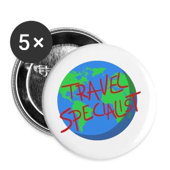 Weltreise Spezialist – Globale Abenteuer - Buttons groß 56 mm (5er Pack) - Weiß - Vorne