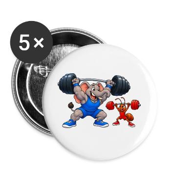 Elefant gegen Ameise – Lustiges Gewichtheben - Buttons groß 56 mm (5er Pack) - Weiß - Vorne