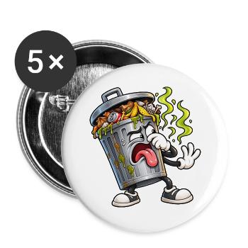Mülleimer ekelt sich – Lustiger Müll Cartoon - Buttons groß 56 mm (5er Pack) - Weiß - Vorne