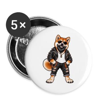 Akita mit Bart und Lederjacke – Cooler Biker Hund - Buttons groß 56 mm (5er Pack) - Weiß - Vorne