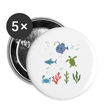 Seeteufel Unterwasser Kinder Hai Meeresschildkröte - Buttons groß 56 mm (5er Pack) - Weiß - Vorne