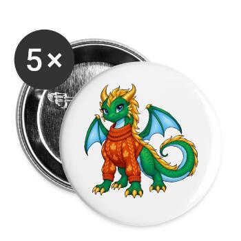 Süßes grünes Drachenmädchen im Herbstpullover - Buttons groß 56 mm (5er Pack) - Weiß - Vorne