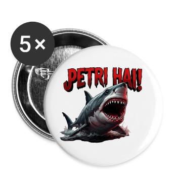 Petri Hai, Angler Wortspiel, Angler shirt - Buttons groß 56 mm (5er Pack) - Weiß - Vorne