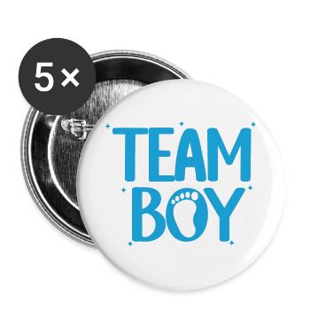 Ankündigung zur Geschlechtsenthülle zum Fußabdruck von Team Boy Baby - Buttons groß 56 mm (5er Pack) - Weiß - Vorne