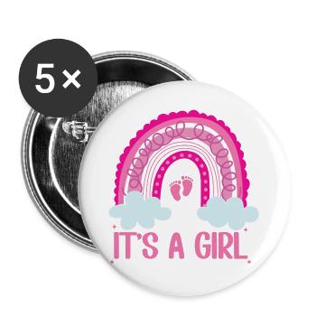 Es ist eine Girl-Regenbogen-Baby-Tiny Feet Geschlechtenenthüllung - Buttons groß 56 mm (5er Pack) - Weiß - Vorne