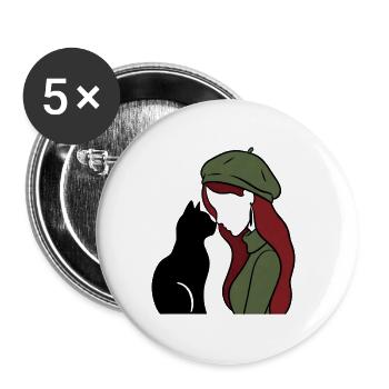 ragazza_rossa_con_basco_verde_con_gatto_nero - Buttons groß 56 mm (5er Pack) - Weiß - Vorne