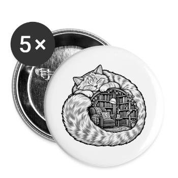 Schlafende Katze mit einer gemütlichen Bibliothek - Buttons groß 56 mm (5er Pack) - Weiß - Vorne