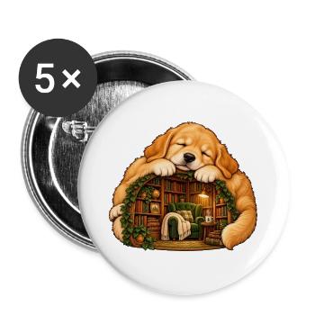 Schlafender Golden Retriever mit einer gemütlichen Bibliothek - Buttons groß 56 mm (5er Pack) - Weiß - Vorne