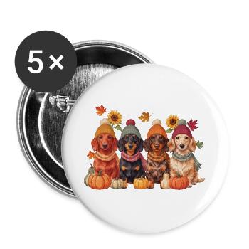 Vier Dackel mit Kürbissen und Sonnenblumen - Buttons groß 56 mm (5er Pack) - Weiß - Vorne