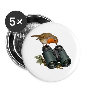 Perspektivwechsel – Rotkehlchen am Fernglas - Buttons groß 56 mm (5er Pack) - Weiß - Vorne