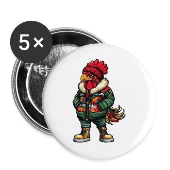 Hahn mit grüner Winterjacke und roter Mütze - Buttons groß 56 mm (5er Pack) - Weiß - Vorne