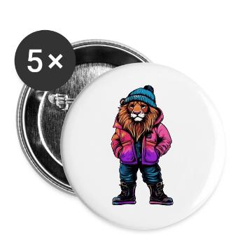 Löwe mit pinker Winterjacke und blauer Mütze - Buttons groß 56 mm (5er Pack) - Weiß - Vorne