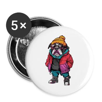 Bulldogge mit Winterjacke und Sonnenbrille - Buttons groß 56 mm (5er Pack) - Weiß - Vorne