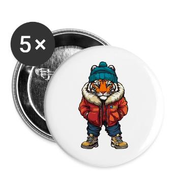 Tiger mit Winterjacke und blauer Mütze - Buttons groß 56 mm (5er Pack) - Weiß - Vorne
