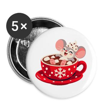 Fröhliche Maus sitzt in einer Tasse heißem Kakao - Buttons groß 56 mm (5er Pack) - Weiß - Vorne