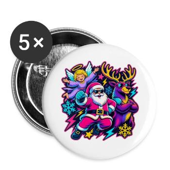 Neon-Weihnachtsabenteuer mit Santa und Elch - Buttons groß 56 mm (5er Pack) - Weiß - Vorne