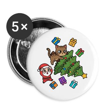 Verspielte Katze mit Weihnachtsbaum - Buttons groß 56 mm (5er Pack) - Weiß - Vorne