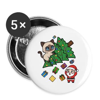 Weihnachtskatze zwischen Baum und Geschenken - Buttons groß 56 mm (5er Pack) - Weiß - Vorne