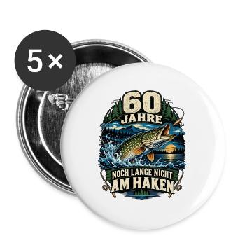 60 Jahre Angler – Noch lange nicht am Haken - Buttons groß 56 mm (5er Pack) - Weiß - Vorne