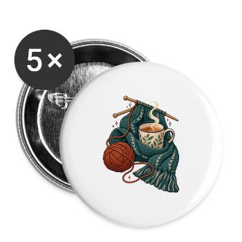 Strickpause mit Tee und Wollknäuel - Buttons groß 56 mm (5er Pack) - Weiß - Vorne