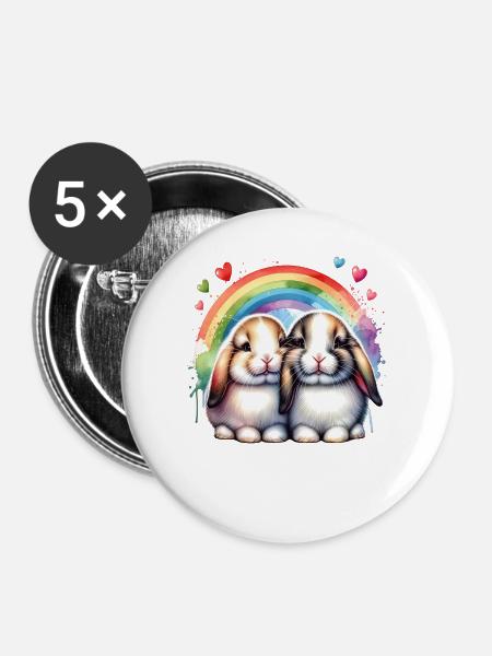 Kaninchen Regenbogenhasen Kuschelduo Hasen - Buttons groß 56 mm (5er Pack) - Weiß
