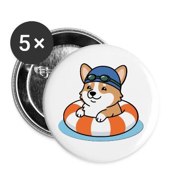 Süßes Kawaii Corgi Schwimm-Sommerstrandshirt - Buttons groß 56 mm (5er Pack) - Weiß - Vorne