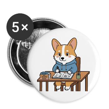 Süßes Kawaii Corgi Student Study Aesthetic Tee - Buttons groß 56 mm (5er Pack) - Weiß - Vorne