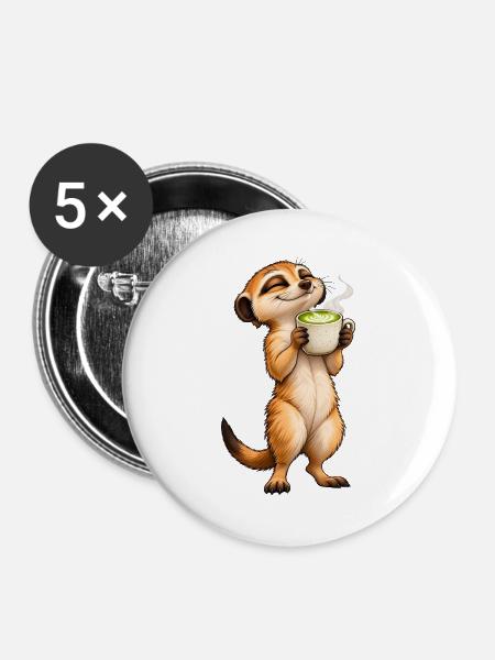 Erdmännchen mit Matcha Latte – Süße Teepause - Buttons groß 56 mm (5er Pack) - Weiß
