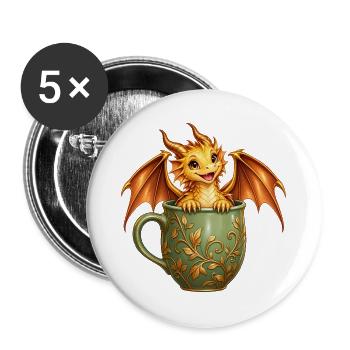 Goldener Babydrache in einer Tasse - Buttons groß 56 mm (5er Pack) - Weiß - Vorne