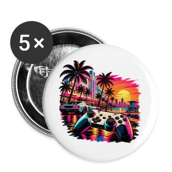 Miami Skyline Gamer Motiv - Geschenk für Gamer - Buttons groß 56 mm (5er Pack) - Weiß - Vorne