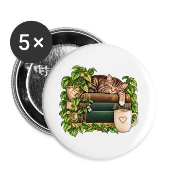 Katzenruhe auf Bücherstapel - Buttons groß 56 mm (5er Pack) - Weiß - Vorne