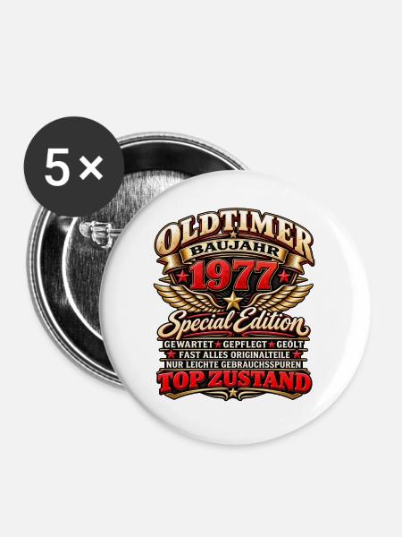 Oldtimer Baujahr 1977 – Special Edition - Buttons groß 56 mm (5er Pack) - Weiß