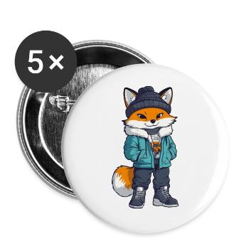 Fuchs mit Winterjacke und Mütze - Buttons groß 56 mm (5er Pack) - Weiß - Vorne