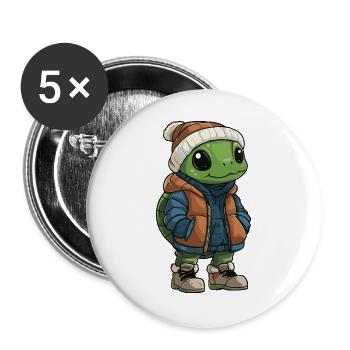 Schildkröte mit Winterjacke und Mütze - Buttons groß 56 mm (5er Pack) - Weiß - Vorne