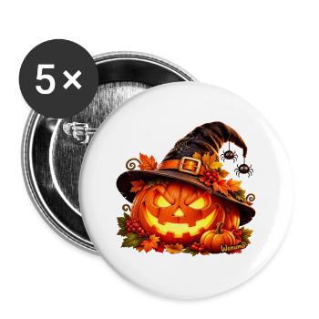 Halloween Kürbis im Hexenhut Wenuma  - Buttons groß 56 mm (5er Pack) - Weiß - Vorne