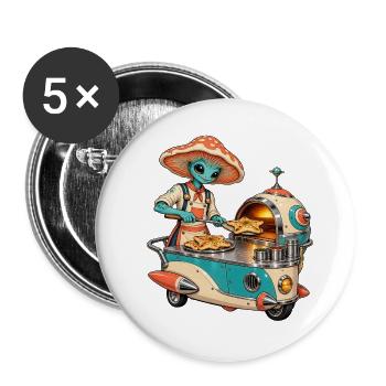 Außerirdischer Pizzabäcker im Retro-Foodtruck - Buttons groß 56 mm (5er Pack) - Weiß - Vorne