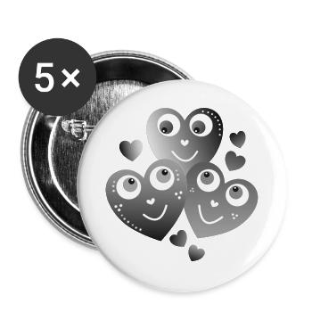 fröhliche grauschwarze Herzen lächelnde Herzen - Buttons groß 56 mm (5er Pack) - Weiß - Vorne