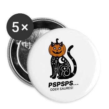 Pspsps oder Saures – Schwarze Katze Halloween - Buttons groß 56 mm (5er Pack) - Weiß - Vorne