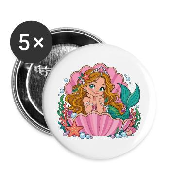 Süße Meerjungfrau in Muschel – Meeresprinzessin - Buttons groß 56 mm (5er Pack) - Weiß - Vorne