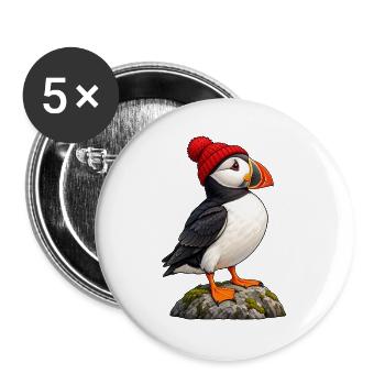Papageitaucher mit roter Bobble-Mütze - Buttons groß 56 mm (5er Pack) - Weiß - Vorne