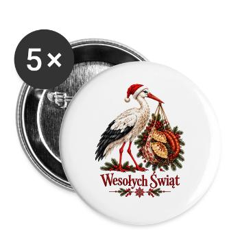 Wesołych Świąt Polnischer Weihnachtsstorch und Pierogi - Buttons groß 56 mm (5er Pack) - Weiß - Vorne