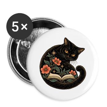 Schwarze Katze und Blütenbuch - Buttons groß 56 mm (5er Pack) - Weiß - Vorne
