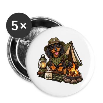 Dackel_Camping_-1-Dackel beim Camping – Kleiner Hu - Buttons groß 56 mm (5er Pack) - Weiß - Vorne