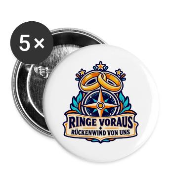 JGA – Ringe voraus, Rückenwind von uns - Buttons groß 56 mm (5er Pack) - Weiß - Vorne