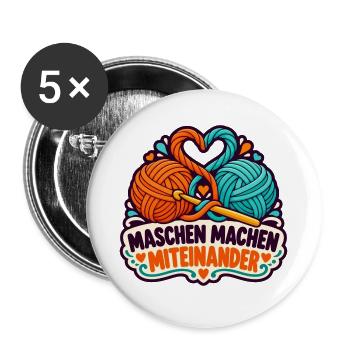 Häkelrunde – Maschen machen Miteinander - Buttons groß 56 mm (5er Pack) - Weiß - Vorne