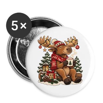 Weihnachtselch mit Schal und heißem Kakao - Buttons groß 56 mm (5er Pack) - Weiß - Vorne