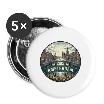 Amsterdam Travel Badge Canal Houses Retro-Geschenk - Buttons groß 56 mm (5er Pack) - Weiß - Vorne